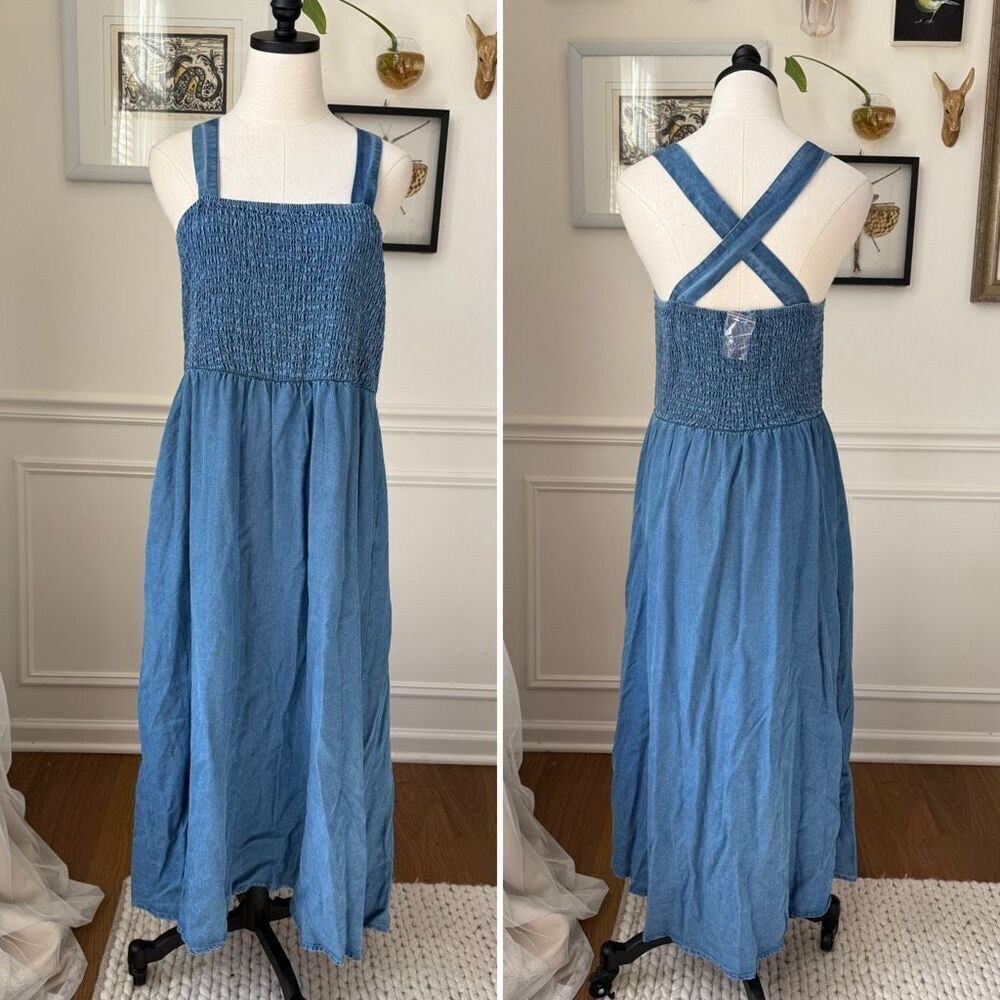 NWOT Jessica London Chambray Maxi Sun Dress Country Boho Smocked 14 16